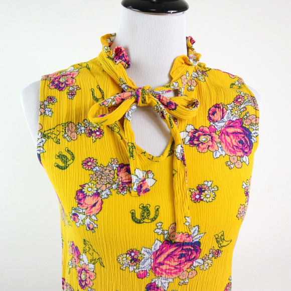 ModCloth Size S Like the Wind Tie-Neck Blouse Mustard Yellow Floral - Picture 7 of 10